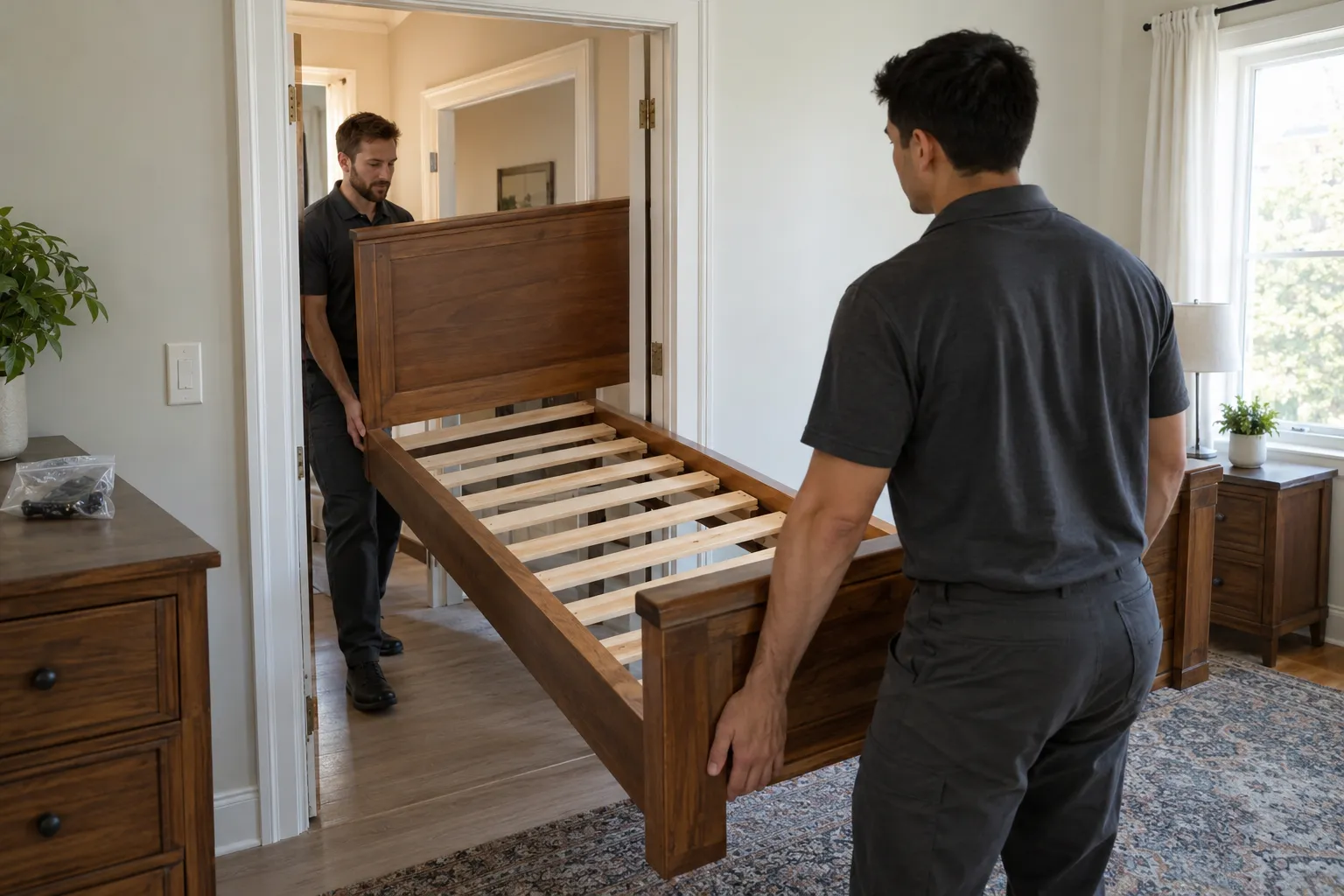 Workers moving a wood bed frame through a bedroom doorway