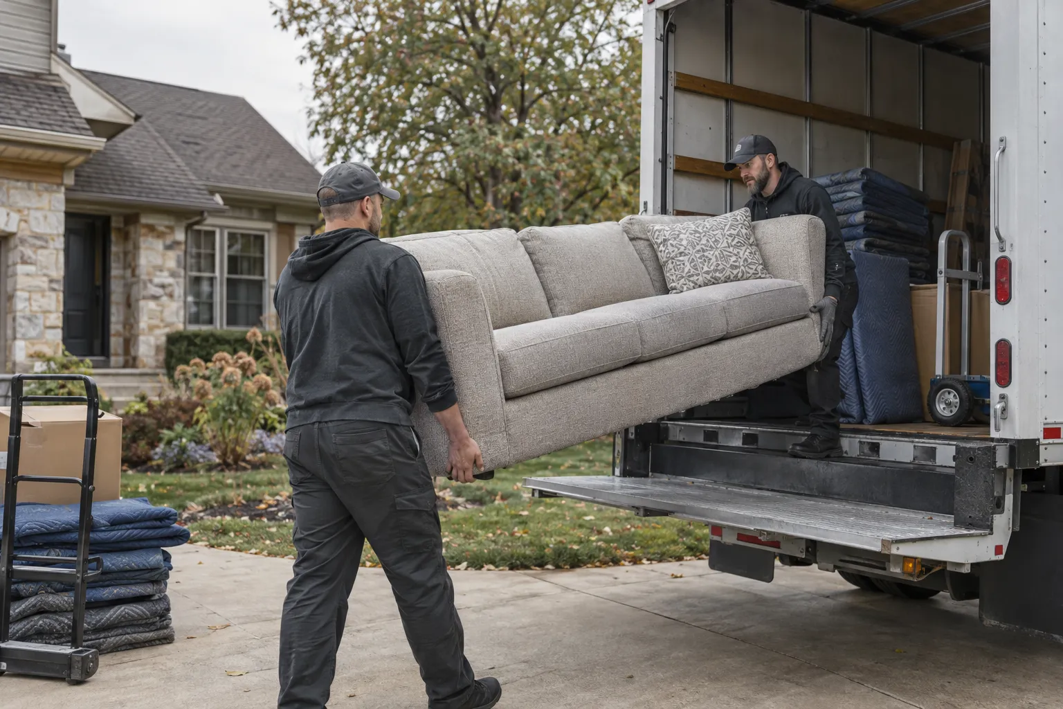 Workers loading a sofa into an unbranded box truck