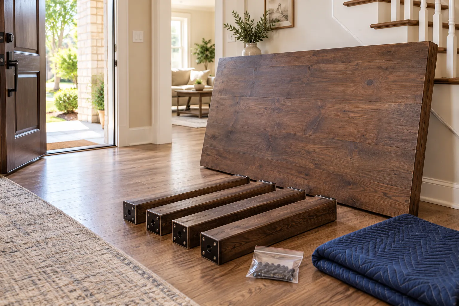 Dining table components prepared near a residential entry