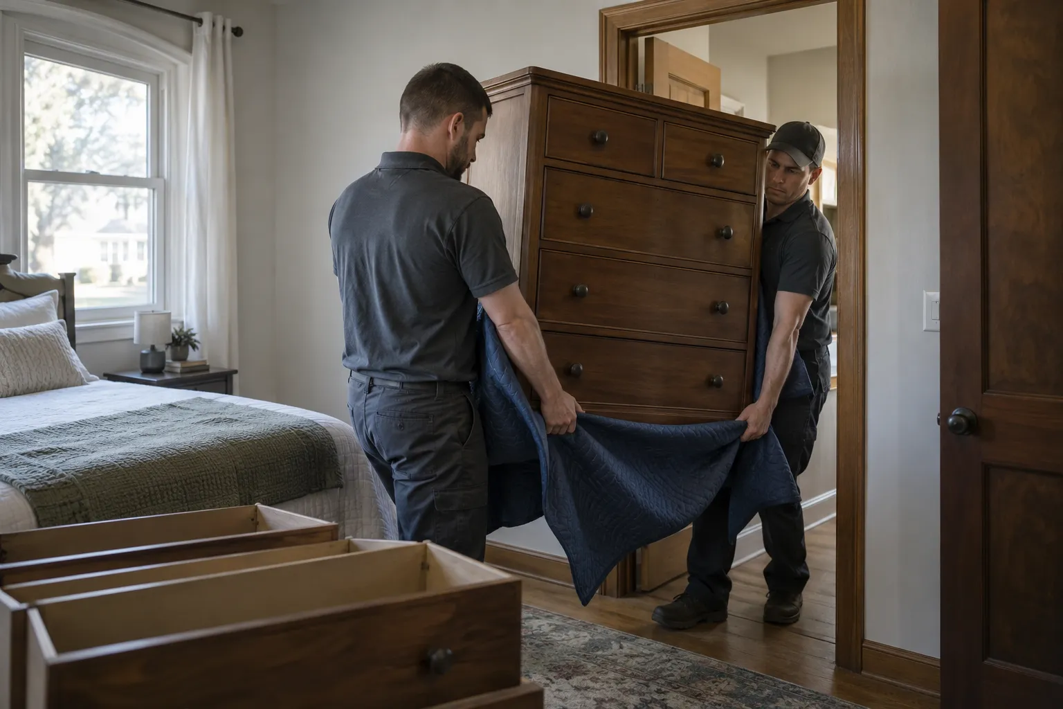 Workers moving a tall dresser through a bedroom doorway
