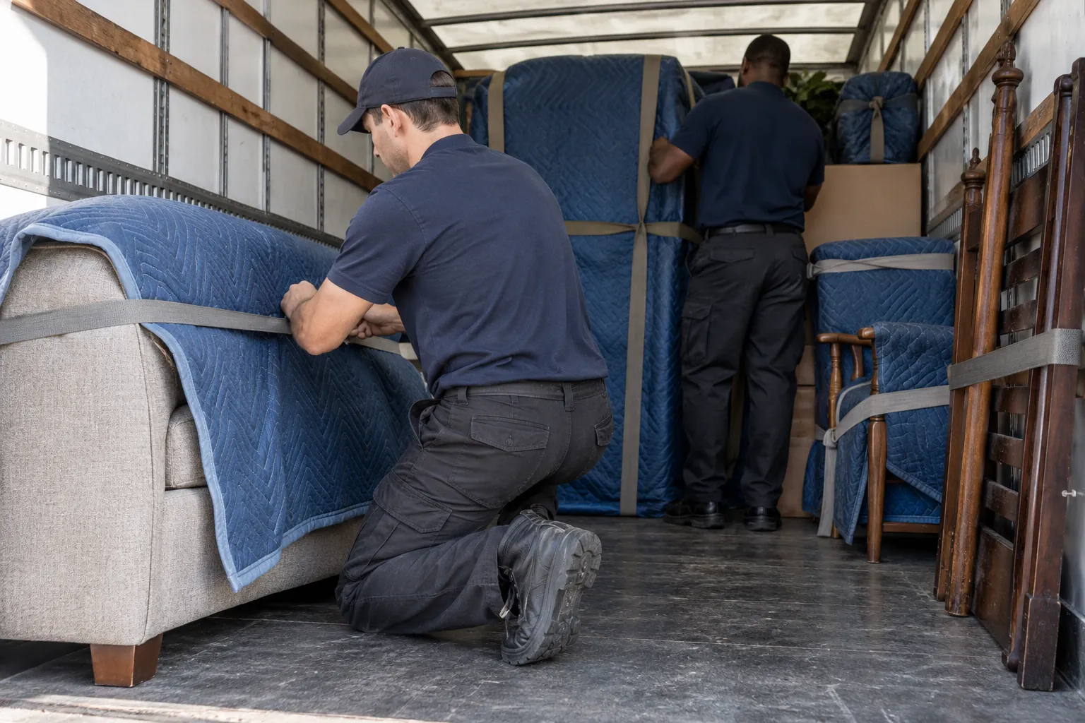 Furniture secured with quilted moving blankets inside a box truck