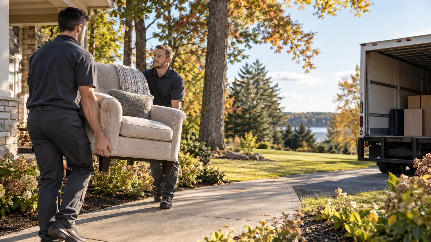 Two workers carrying an armchair along a residential walkway