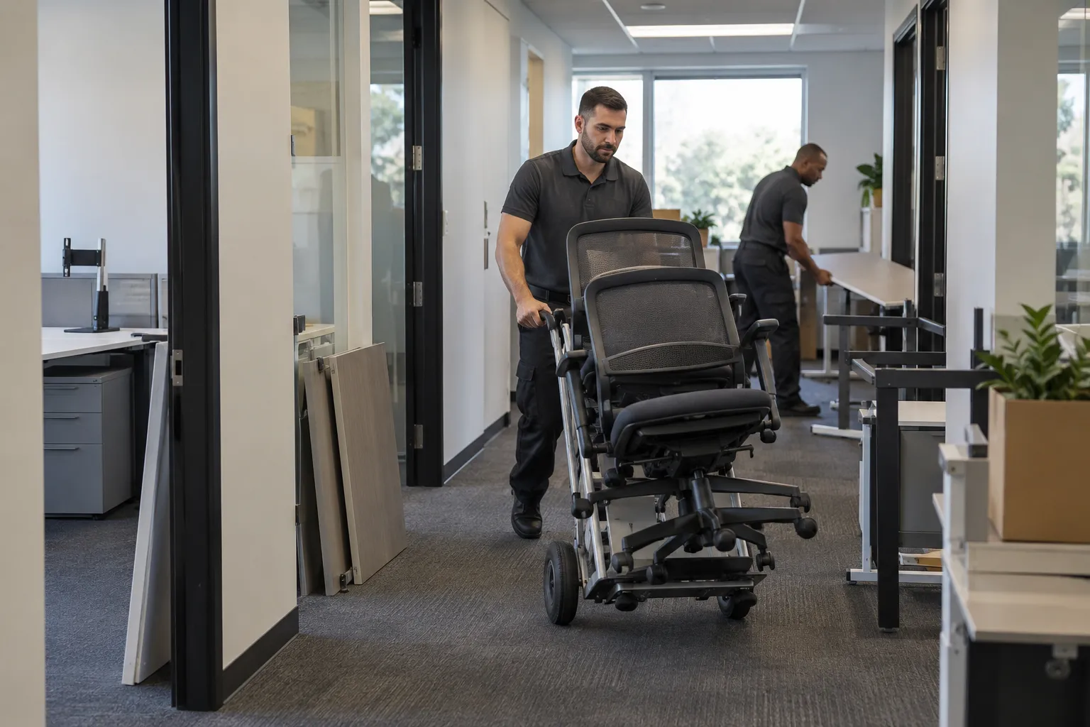 Workers rolling office chairs through a small office corridor